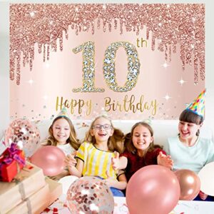 Happy 10th Birthday Banner Backdrop Decorations with Confetti Balloon Garland Arch, Rose Gold 10 Birthday Banner Balloon Set for Girls, Pink 10 Year Old Bday Poster Photo Booth Decor