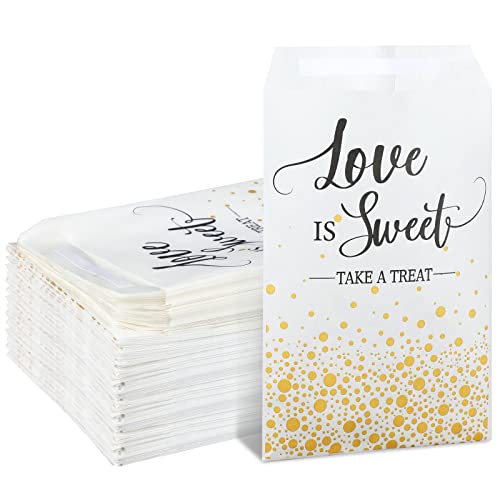 300 Pcs Wedding Favor Candy Buffet Bags 5 x 7 Inch Self Adhesive Wedding Treat Bags Love Is Sweet Take a Treat Individual Cookie Bags with Gold Dots Kraft Paper Gift Wrap Bags for Bridal Shower Party