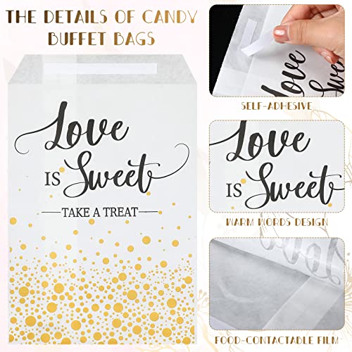 300 Pcs Wedding Favor Candy Buffet Bags 5 x 7 Inch Self Adhesive Wedding Treat Bags Love Is Sweet Take a Treat Individual Cookie Bags with Gold Dots Kraft Paper Gift Wrap Bags for Bridal Shower Party