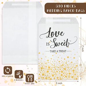 300 Pcs Wedding Favor Candy Buffet Bags 5 x 7 Inch Self Adhesive Wedding Treat Bags Love Is Sweet Take a Treat Individual Cookie Bags with Gold Dots Kraft Paper Gift Wrap Bags for Bridal Shower Party