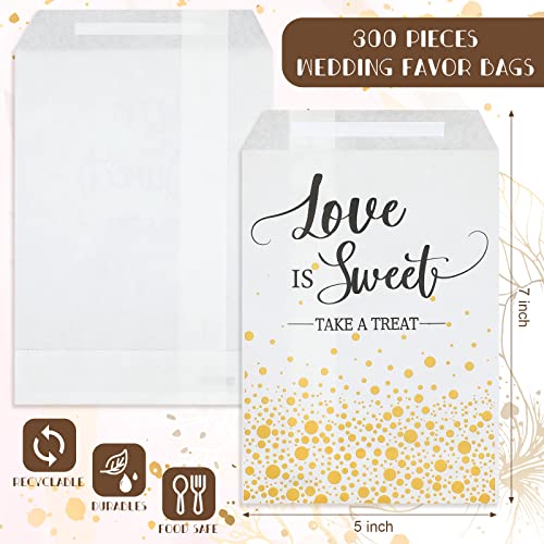 300 Pcs Wedding Favor Candy Buffet Bags 5 x 7 Inch Self Adhesive Wedding Treat Bags Love Is Sweet Take a Treat Individual Cookie Bags with Gold Dots Kraft Paper Gift Wrap Bags for Bridal Shower Party