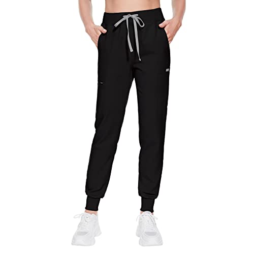 VIAOLI Scrub Pants for Women 8 Pockets Jogger Pants Cargo Scrubs Bottom with Knit Yoga Waistband,Elastic Drawcord Scrubs (Black,M,Medium)