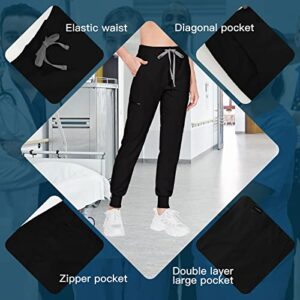 VIAOLI Scrub Pants for Women 8 Pockets Jogger Pants Cargo Scrubs Bottom with Knit Yoga Waistband,Elastic Drawcord Scrubs (Black,M,Medium)