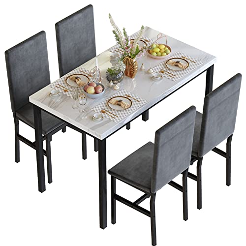 tantohom Dining Table Set for 4, Modern Kitchen Table and Chairs for 4, Home Furniture Dining Room Table Set with Faux Marble Countertop and PU Leather Chairs for Small Space, Apartment, Dinette, Gray