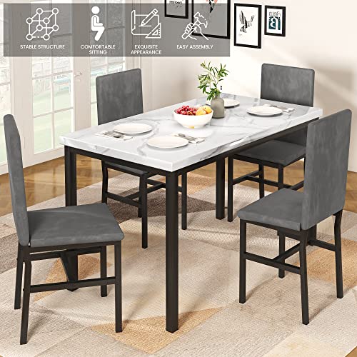 tantohom Dining Table Set for 4, Modern Kitchen Table and Chairs for 4, Home Furniture Dining Room Table Set with Faux Marble Countertop and PU Leather Chairs for Small Space, Apartment, Dinette, Gray