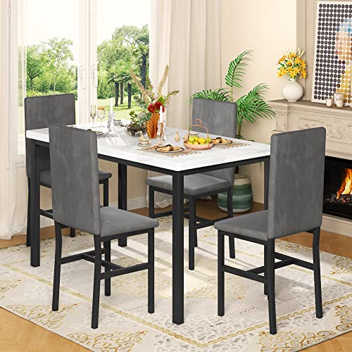 tantohom Dining Table Set for 4, Modern Kitchen Table and Chairs for 4, Home Furniture Dining Room Table Set with Faux Marble Countertop and PU Leather Chairs for Small Space, Apartment, Dinette, Gray