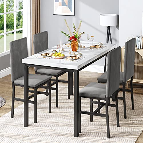 tantohom Dining Table Set for 4, Modern Kitchen Table and Chairs for 4, Home Furniture Dining Room Table Set with Faux Marble Countertop and PU Leather Chairs for Small Space, Apartment, Dinette, Gray