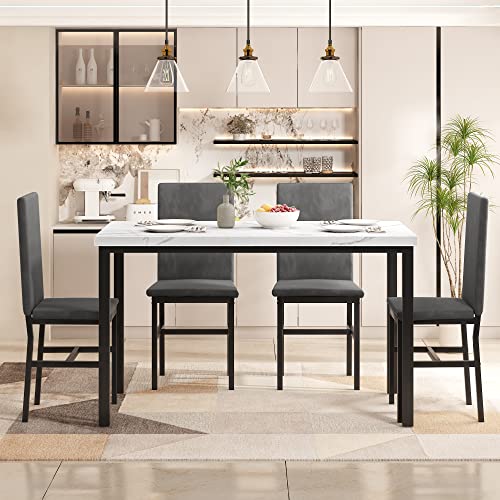 tantohom Dining Table Set for 4, Modern Kitchen Table and Chairs for 4, Home Furniture Dining Room Table Set with Faux Marble Countertop and PU Leather Chairs for Small Space, Apartment, Dinette, Gray