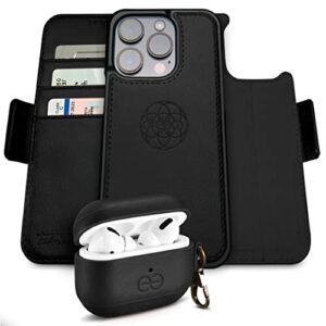 dreem bundle: fibonacci wallet-case for iphone 14 pro max with om airpods pro case cover - black
