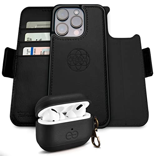 Dreem Bundle: Fibonacci Wallet-Case for iPhone 14 Pro Max with Om AirPods Pro Case Cover - Black