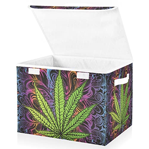 Oyihfvs Green Cannabis Leaf, Marijuana Leaves, Herb, Weed on Colorful Foldable Cube Storage Basket Collapsible Fabric with Lidded Sturdy Handles Organizer Box for Home Bedroom 16.5 x 12.6 x 11.8 in