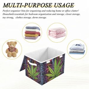 Oyihfvs Green Cannabis Leaf, Marijuana Leaves, Herb, Weed on Colorful Foldable Cube Storage Basket Collapsible Fabric with Lidded Sturdy Handles Organizer Box for Home Bedroom 16.5 x 12.6 x 11.8 in