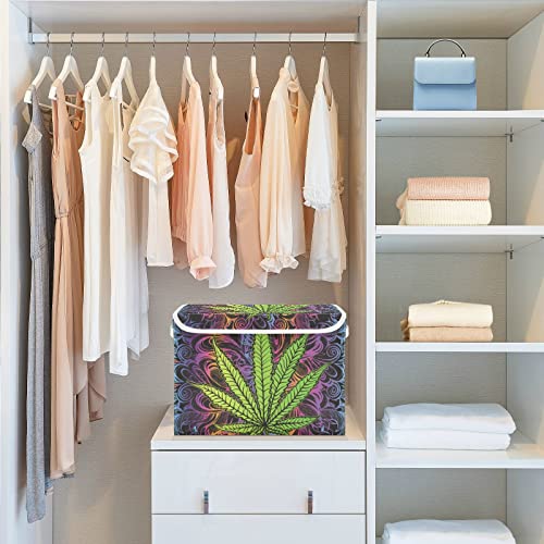 Oyihfvs Green Cannabis Leaf, Marijuana Leaves, Herb, Weed on Colorful Foldable Cube Storage Basket Collapsible Fabric with Lidded Sturdy Handles Organizer Box for Home Bedroom 16.5 x 12.6 x 11.8 in