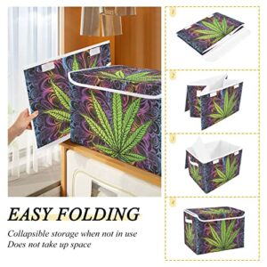 Oyihfvs Green Cannabis Leaf, Marijuana Leaves, Herb, Weed on Colorful Foldable Cube Storage Basket Collapsible Fabric with Lidded Sturdy Handles Organizer Box for Home Bedroom 16.5 x 12.6 x 11.8 in