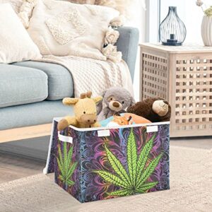 Oyihfvs Green Cannabis Leaf, Marijuana Leaves, Herb, Weed on Colorful Foldable Cube Storage Basket Collapsible Fabric with Lidded Sturdy Handles Organizer Box for Home Bedroom 16.5 x 12.6 x 11.8 in