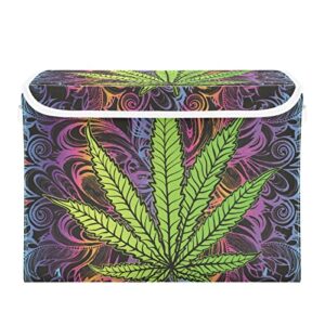 Oyihfvs Green Cannabis Leaf, Marijuana Leaves, Herb, Weed on Colorful Foldable Cube Storage Basket Collapsible Fabric with Lidded Sturdy Handles Organizer Box for Home Bedroom 16.5 x 12.6 x 11.8 in