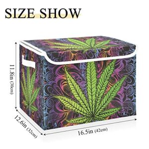 Oyihfvs Green Cannabis Leaf, Marijuana Leaves, Herb, Weed on Colorful Foldable Cube Storage Basket Collapsible Fabric with Lidded Sturdy Handles Organizer Box for Home Bedroom 16.5 x 12.6 x 11.8 in