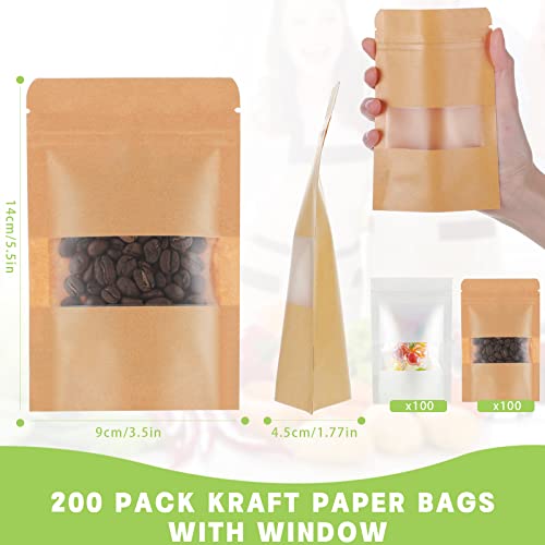 200 Pieces Kraft Paper Stand Pouch Bags Resealable Zip Bags with Matte Window 3.5 x 5.5 Inch White Brown Packaging Treat Bags Sealed Food Storage Bags for Packaging Products, Reusable