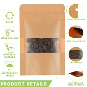 200 Pieces Kraft Paper Stand Pouch Bags Resealable Zip Bags with Matte Window 3.5 x 5.5 Inch White Brown Packaging Treat Bags Sealed Food Storage Bags for Packaging Products, Reusable