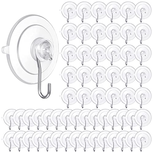 Roowest 60 Pieces Suction Cup Hooks 1.77 Inches 3 lbs Clear PVC Window Suction Cups with Metal Hooks Removable Wall Hooks Hanger for Window Glass Door Kitchen Bathroom Shower Wall Wreaths Tile