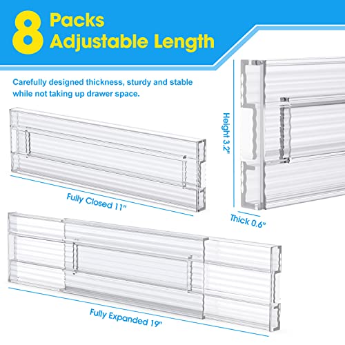 JONYJ Drawer Dividers Organizers 8 Pack, Adjustable Separators 3.2" High Expandable from 11"-19", Clear Plastic Drawer Organizers for Clothing, Kitchen, Bedroom, Closet, Kitchen Storage