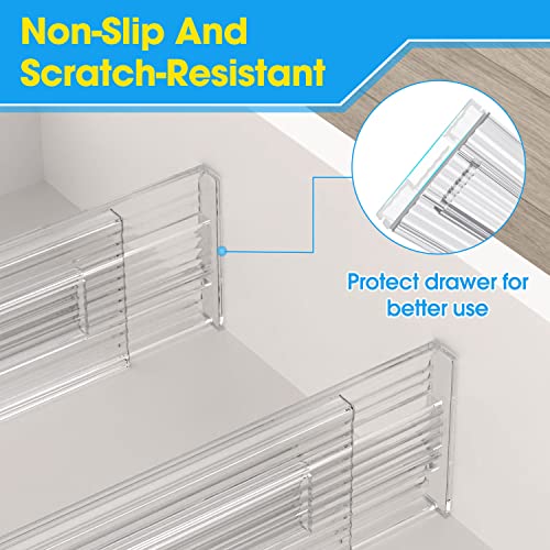 JONYJ Drawer Dividers Organizers 8 Pack, Adjustable Separators 3.2" High Expandable from 11"-19", Clear Plastic Drawer Organizers for Clothing, Kitchen, Bedroom, Closet, Kitchen Storage