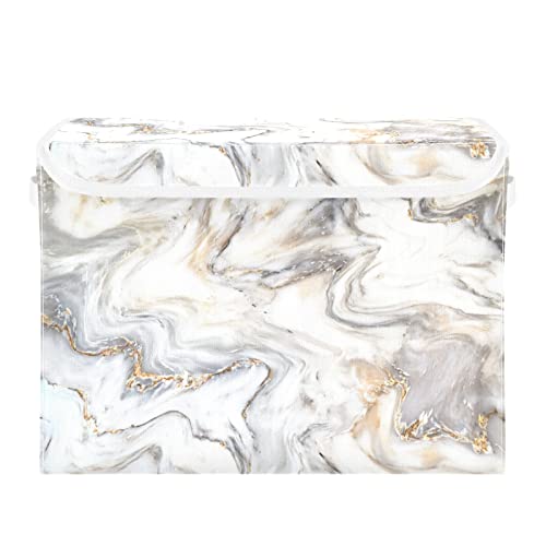 Kigai Marble Ink Gold White Storage Basket with Lid Collapsible Storage Bin Fabric Box Closet Organizer for Home Bedroom Office 1 Pack