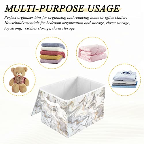 Kigai Marble Ink Gold White Storage Basket with Lid Collapsible Storage Bin Fabric Box Closet Organizer for Home Bedroom Office 1 Pack