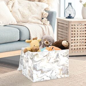 Kigai Marble Ink Gold White Storage Basket with Lid Collapsible Storage Bin Fabric Box Closet Organizer for Home Bedroom Office 1 Pack