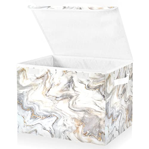 Kigai Marble Ink Gold White Storage Basket with Lid Collapsible Storage Bin Fabric Box Closet Organizer for Home Bedroom Office 1 Pack