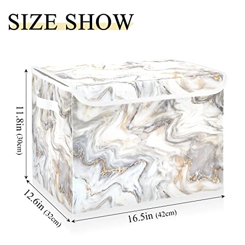 Kigai Marble Ink Gold White Storage Basket with Lid Collapsible Storage Bin Fabric Box Closet Organizer for Home Bedroom Office 1 Pack