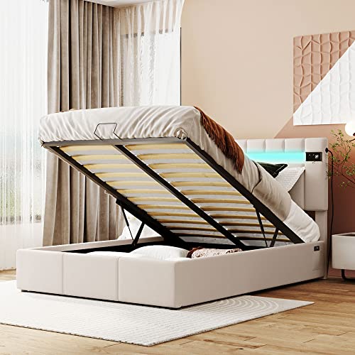 Full Size Upholstered Bed Frame with Lifting Storage, RGB LED Velvet Bed with USB Ports Headboard, Smart Platform Bed with Bluetooth Player, Hydraulic Lifting Under Bed Storage, Beige