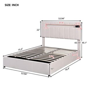 Full Size Upholstered Bed Frame with Lifting Storage, RGB LED Velvet Bed with USB Ports Headboard, Smart Platform Bed with Bluetooth Player, Hydraulic Lifting Under Bed Storage, Beige