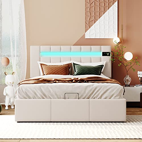 Full Size Upholstered Bed Frame with Lifting Storage, RGB LED Velvet Bed with USB Ports Headboard, Smart Platform Bed with Bluetooth Player, Hydraulic Lifting Under Bed Storage, Beige