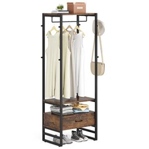 Tribesigns Coat Rack, 70.9" Hall Tree with Big Drawer Freestanding Closet Organizer for Entryway, 3-In-1 Industrial Garment Rack with 8 Hooks, Small Clothes Rack with Storage for Bedroom, Living Room