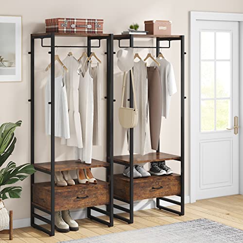 Tribesigns Coat Rack, 70.9" Hall Tree with Big Drawer Freestanding Closet Organizer for Entryway, 3-In-1 Industrial Garment Rack with 8 Hooks, Small Clothes Rack with Storage for Bedroom, Living Room