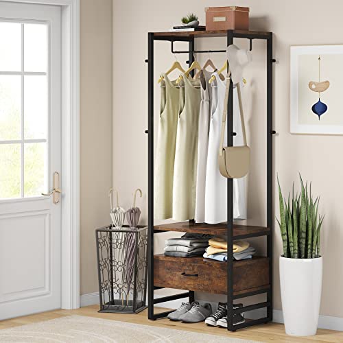 Tribesigns Coat Rack, 70.9" Hall Tree with Big Drawer Freestanding Closet Organizer for Entryway, 3-In-1 Industrial Garment Rack with 8 Hooks, Small Clothes Rack with Storage for Bedroom, Living Room