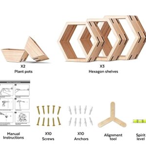 Aumneppa Hexagon Floating Shelves Set of 5, Wall Mounted Wood Farmhouse Storage Honeycomb Wall Shelf and Plant Pots for Wall Decor, Bathroom, Kitchen, Living Room, Office and More (Natural)