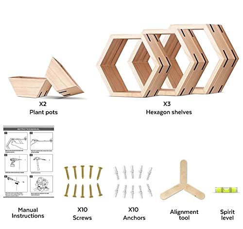 Aumneppa Hexagon Floating Shelves Set of 5, Wall Mounted Wood Farmhouse Storage Honeycomb Wall Shelf and Plant Pots for Wall Decor, Bathroom, Kitchen, Living Room, Office and More (Natural)