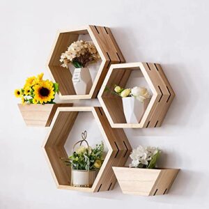 aumneppa hexagon floating shelves set of 5, wall mounted wood farmhouse storage honeycomb wall shelf and plant pots for wall decor, bathroom, kitchen, living room, office and more (natural)