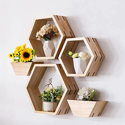 Aumneppa Hexagon Floating Shelves Set of 5, Wall Mounted Wood Farmhouse Storage Honeycomb Wall Shelf and Plant Pots for Wall Decor, Bathroom, Kitchen, Living Room, Office and More (Natural)