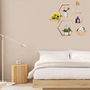 Aumneppa Hexagon Floating Shelves Set of 5, Wall Mounted Wood Farmhouse Storage Honeycomb Wall Shelf and Plant Pots for Wall Decor, Bathroom, Kitchen, Living Room, Office and More (Natural)