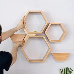 Aumneppa Hexagon Floating Shelves Set of 5, Wall Mounted Wood Farmhouse Storage Honeycomb Wall Shelf and Plant Pots for Wall Decor, Bathroom, Kitchen, Living Room, Office and More (Natural)