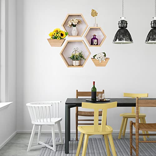 Aumneppa Hexagon Floating Shelves Set of 5, Wall Mounted Wood Farmhouse Storage Honeycomb Wall Shelf and Plant Pots for Wall Decor, Bathroom, Kitchen, Living Room, Office and More (Natural)