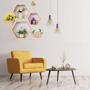 Aumneppa Hexagon Floating Shelves Set of 5, Wall Mounted Wood Farmhouse Storage Honeycomb Wall Shelf and Plant Pots for Wall Decor, Bathroom, Kitchen, Living Room, Office and More (Natural)