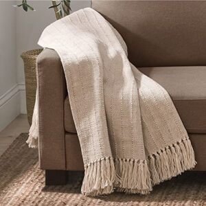 nate home by nate berkus lightweight textured weave cotton throw blanket | with fringe detail, breathable, all-season decoration for bedding from mdesign - 50" x 60", natural (tan)