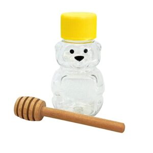 the honey jar - empty 2 ounce honey bears with yellow cap and pressure sensitive seal, perfect for samples, baby shower, holiday. mini honey bears bottles with 3" wood honey dipper (20)