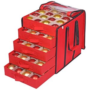 propik christmas ornament storage boxes with dividers - 5 separate trays - ornament holder - keeps 100 holiday ornaments - durable carrying bag handles organizer storage box (red)