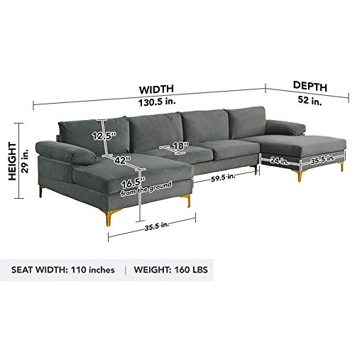 Modern Large Sectional Sofa U Shaped Velvet Couch, with Extra Wide Chaise Lounge and golden legs