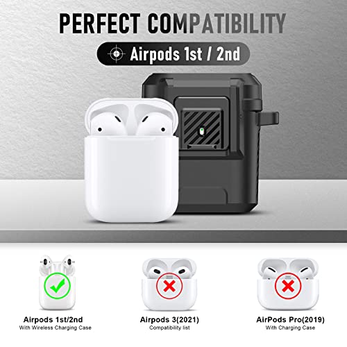 Youtec Compatible with Airpods 2&1 Case Cover with Cleaner Kit, Military Hard Shockproof Airpods Case Cover Protective Case with Automatic Secure Lock & Keychain（10 in 1） (Black-1)